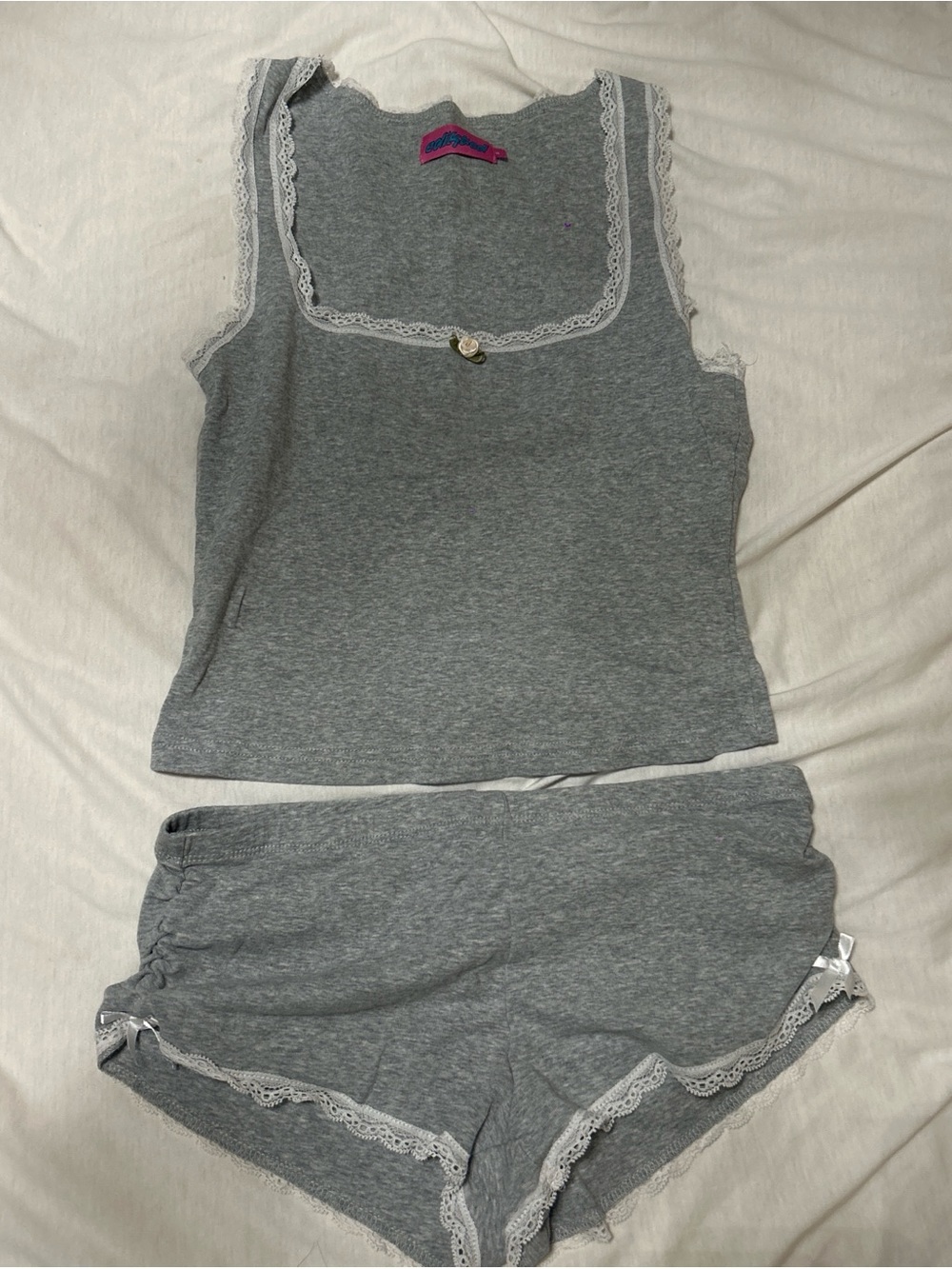 Edikted Grey Lace-Trim Pajama Tank & Shorts Set